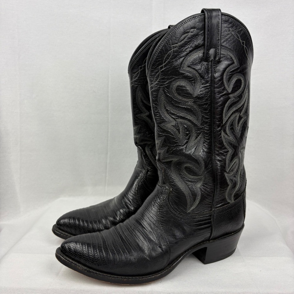 Vintage Dan Post Cowboy Boots Teju Lizard Size 8EW Black Exotic 350J Pointed Toe